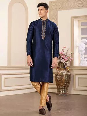 Wedding Wear Dark Blue Kurta and Pajama Set in Banarasi Art Silk
