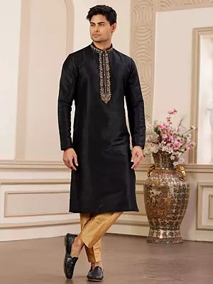 Banarasi Art Silk Kurta and Pajama in Golden & Black with Mandarin Collar
