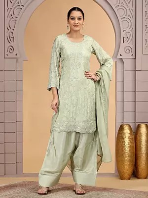 Green Satin Silk Palazzo Suit with Dupatta and Embroidered Sequins Beads Thread for Festive Occasions