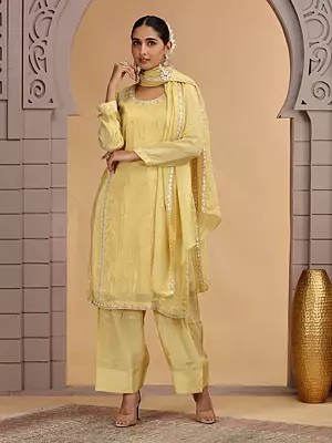Yellow Satin Silk Salwar Suit for Women with Dupatta and Embroidered Thread Work