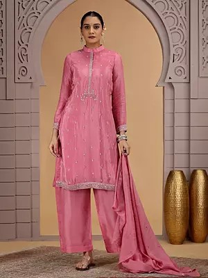 Pink Satin Silk Palazzo Suit and Dupatta with Embroidered Sequins Beads Thread Work