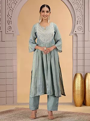 Smoke Grey Organza Shimmer Embroidered Kurti for Daily Wear Outfit