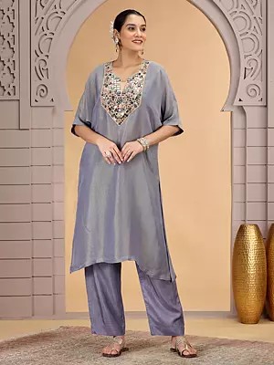Embroidered Work Organza Shimmer Daily Wear Outfit Kurti in Grey for Women