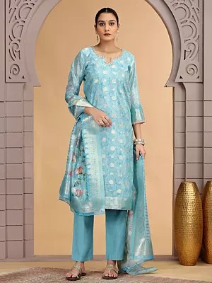Sky Blue Organza Jacquard Straight Party Wear Suit with pant (Salwar) for Women