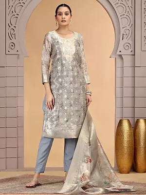 Grey Floral Motifs Organza Jacquard Party Wear Salwar Suit with Dupatta and Pattern Work