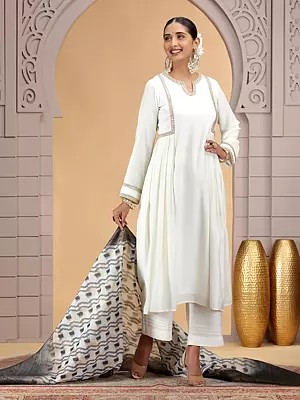 Off White Party Wear Salwar (Pant) Suit in Chiffon with Pattern Work and Dupatta