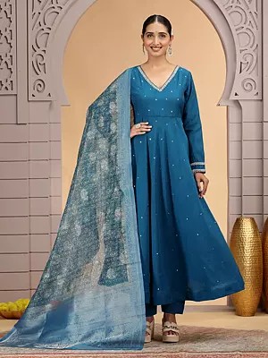 Blue Chiffon Anarkali Suit Set with Beautiful Dupatta for Festival Occasions