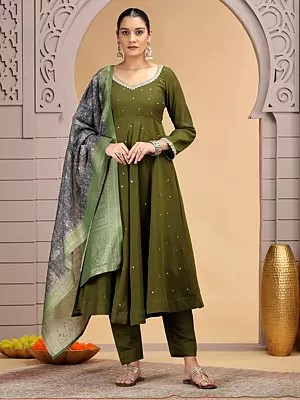 Olive Green Anarkali Suit Set with Beautiful Dupatta in Chiffon for Women