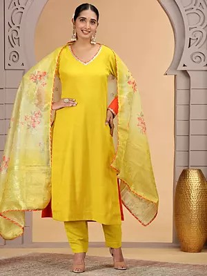 Chiffon Salwar (Pant) Suit in Yellow for Women With Chanderi Jacquard Dupatta