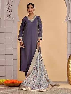 Purple Chiffon Salwar (Pant) Suit with Lace Work and Chanderi Jacquard Dupatta for Family Occasions