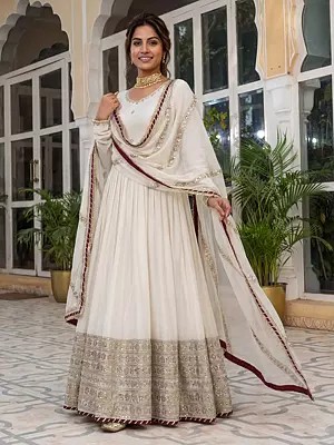 Designer Chinon Silk Anarkali Suit With Heavy Embroidery Sequin Coding Work And Dupatta For Women