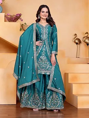 Elegant Natural Crepe Sharara Set With Sequence Embroidery Work And Dupatta For Women Wedding Festive And Party Wear