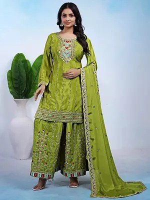 Radiant Chinon Sharara Outfit With Dupatta Crafted In Detailed Coding Sequence Embroidery Work For Women