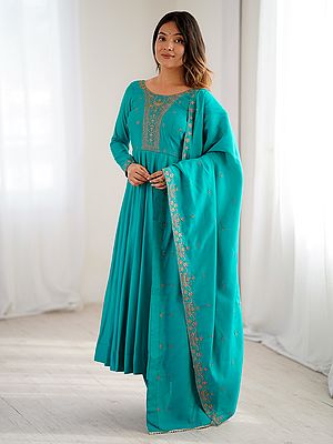 Premium Heavy Pure Roman Shimmer Chanderi Silk Anarkali Suit With Yoke Fancy Handwork Beads Work And Dupatta