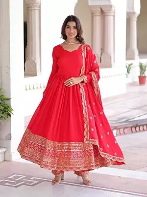 Stunning Red Vichitra Silk Anarkali Suit With Rich Sequins Embroidered Work And Dupatta For Women