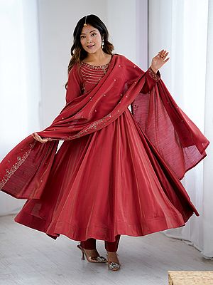 Stunning Maroon Heavy Pure Roman Shimmer Chanderi Silk Anarkali Suit With Yoke Fancy Handwork Beads Work And Dupatta