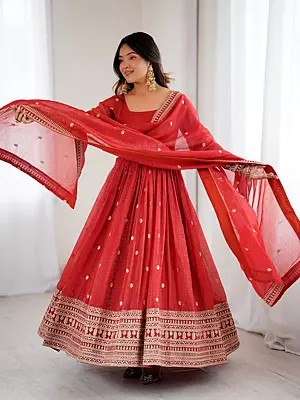 Rust Anarkali Suit Heavy Pure Crunchy Silk With Fancy Embroidery Jari And Sequence Work For Women Party Wear