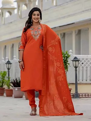 Elegant Premium Roman Silk Kurta Set With Coding Embroidery And Sequins Work With Dupatta For Wedding And Party Wear