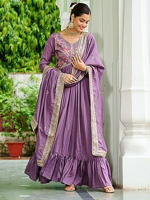 Designer Vichitra Silk Gown With Dupatta Adorned With Rich Zari And Thread Embroidery For Special Occasions