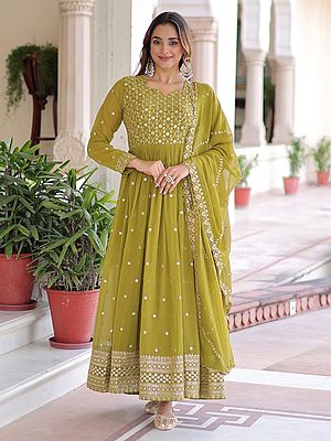 Premium Faux Georgette Gown Dupatta Set Highlighted With Heavy Zari And Sequins Embroidery Perfect For Women