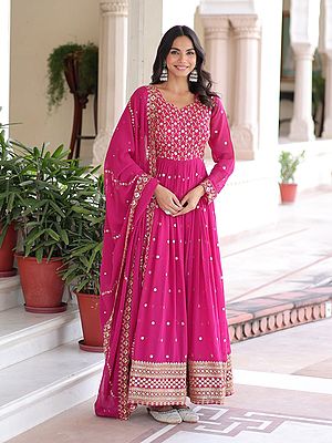 Premium Faux Georgette Gown Dupatta Set Highlighted With Heavy Zari And Sequins Embroidery Perfect For Women
