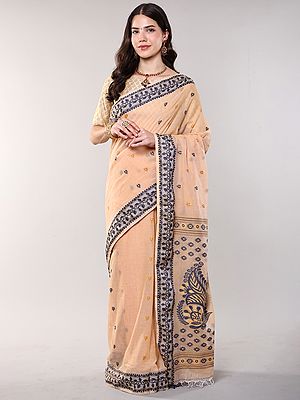 Apricot-Illusion Kaziranga Cotton Saree with Woven Bootis and Floral Vines Border from Assam