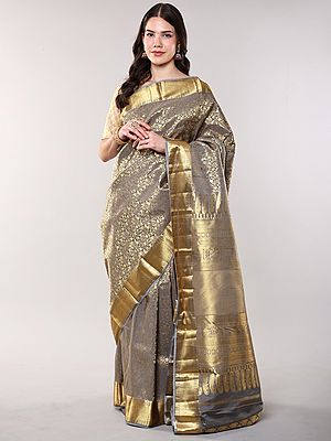 Neutral-Gray Pure Silk Saree with All-Over Zari Woven Floral Jaal from Bangalore