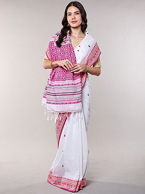 Lucent-White Cotton Saree with Woven Bootis and Ethnic Motifs from Bengal