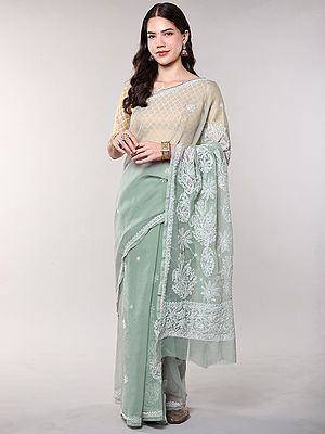 Frosty-Green Georgette Saree with Floral Lukhnavi Chikan Embroidery