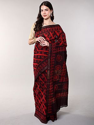 Red and Brown Sungudi Cotton Saree from Madurai with Batik Print and Zari Border