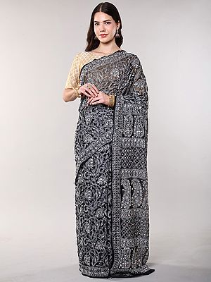 Jet-Black Georgette Saree with All-Over Floral Lukhnavi Chikan Embroidery with Paisleys on Pallu