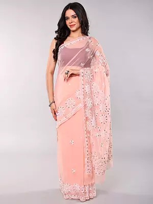 Georgette Lukhnavi Chikan Embroidered Saree with Chakra Motifs Border and Anchal