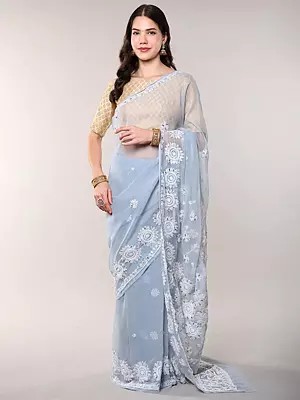 Georgette Lukhnavi Chikan Embroidered Saree with Chakra Motifs Border and Anchal