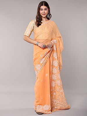 Georgette Saree: Handcrafted Chikan Embroidery with Chakra Design