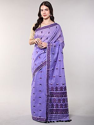 Violet-Tulip Kaziranga Cotton Saree with Woven Motifs and Patch Border from Assam
