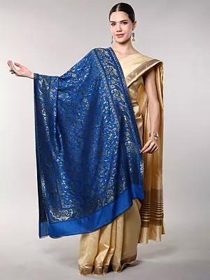 Stole from Amritsar with Woven Birds on Tree Branches and Peacock Border