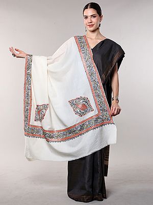 Cannoli-Cream Tosha Shawl from Kashmir with Sozni Embroidered Floral Border and Paisley on Corners