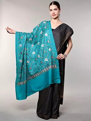 Wool Shawl with Chain Stitch Thread Embroidered Maple Leaf Vines from Amritsar