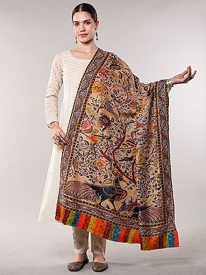 Apricot-Illusion Kalamkari Shawl from Amritsar with Peacocks and Tree Branchs