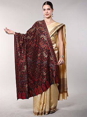 Bristol-Black Kani Shawl with Woven Floral Vines and Zari work