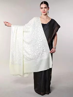 Wool Shawl with Chain Stitch Thread Embroidered Paisley-Floral Vine from Amritsar