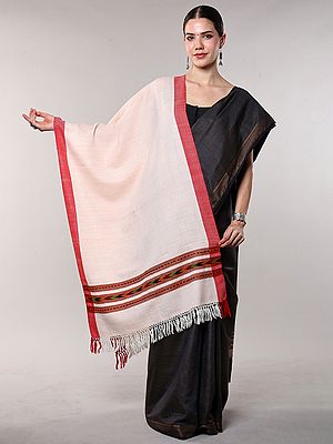 Vanilla-Cream Kullu Stole with Kinnauri Woven Triple Border and All-Over Diamond weave