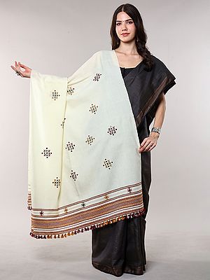 Pear-Sorbet Wool Shawl from Kutch with Embroidered Bootis and Mirrors