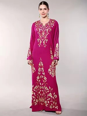 Very-Berry Pure Cotton Abaya with Aari Embroidered Flowers