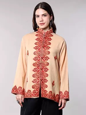 Autumn-Blonde Pure Wool Short Jacket from Kashmir with Aari Embroidered Paisleys
