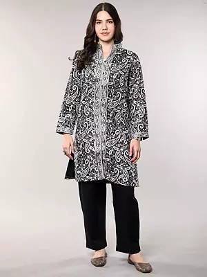 Jet-Black Pure Wool Long Jakcet with All-Over Aari Embroidered Paisleys from Kashmir