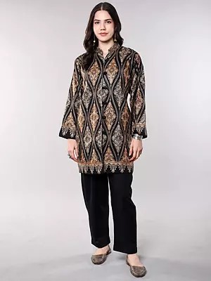 Black-Sand Wool Long Jacket from Kashmir with Chain Stitch Aari Embroidered Patterns