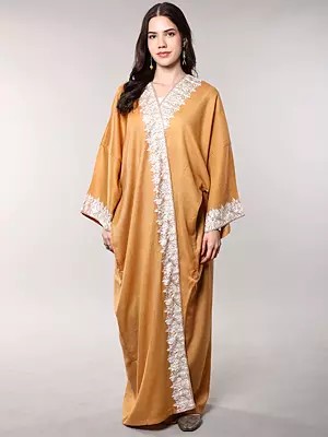 Apricot-Tan Wool Shrug with Aari Embroidered Floral Border