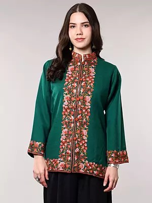Alpine-Green Pure Wool Short Jacket with Aari Embroidered Flowers Border from Kashmir