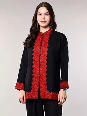 Pure Wool Short Jacket from Kashmir with Aari Embroidered Paisleys Border